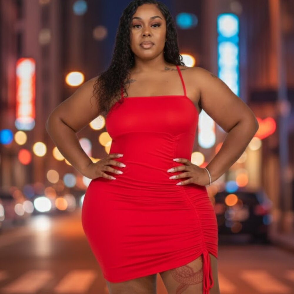 Red Plus Size Ruched Drawstring Mini Dress